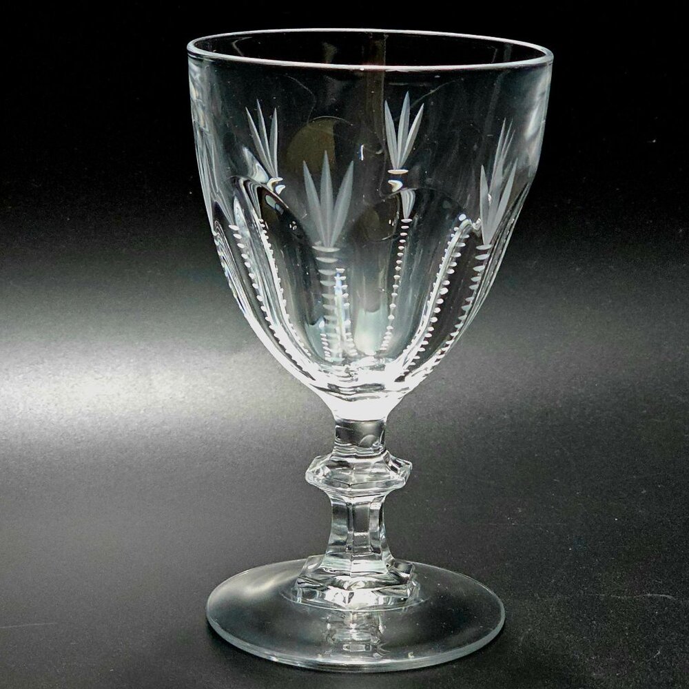 3 Vintage Cut Crystal Wine Glasses 8oz classic zipper fan cuts faceted stem 5.5"